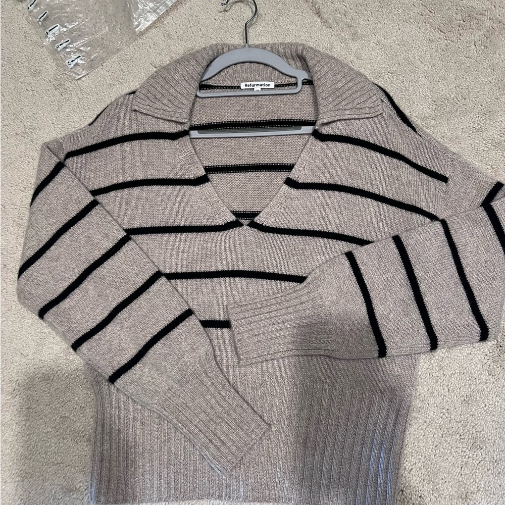 Reformation Beige and Black Striped V-Neck Sweater